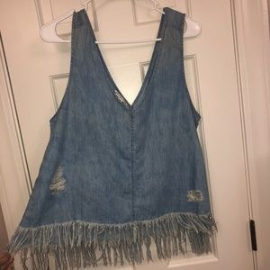 Distressed denim tank top